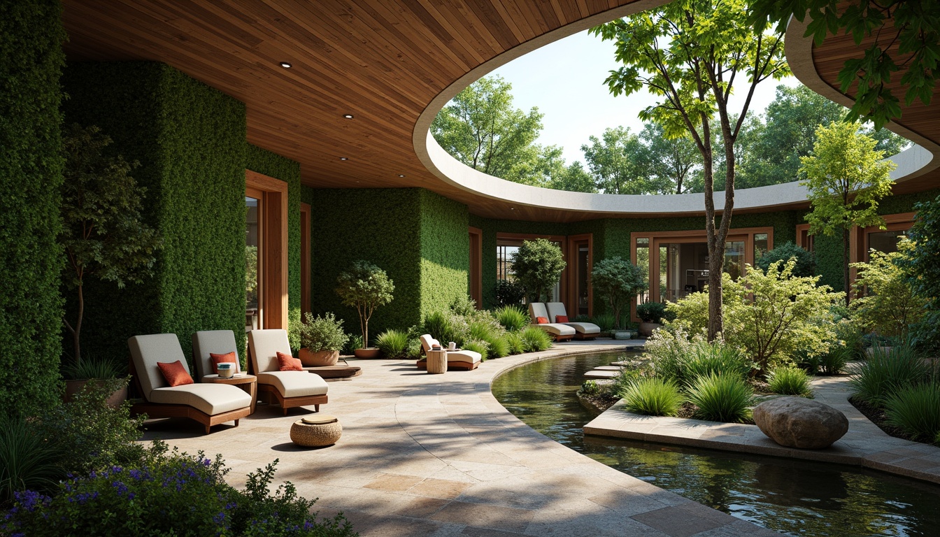 Prompt: Lush green walls, natural stone floors, reclaimed wood accents, living roofs, verdant courtyards, organic shapes, curved lines, earthy tones, abundant daylight, clerestory windows, skylights, solar tubes, bioluminescent lighting, water features, koi ponds, green screens, trellises, vines, botanical patterns, natural ventilation systems, passive design strategies, sustainable building materials, eco-friendly furnishings, serene ambiance, soft warm lighting, shallow depth of field, 3/4 composition, panoramic view, realistic textures, ambient occlusion.