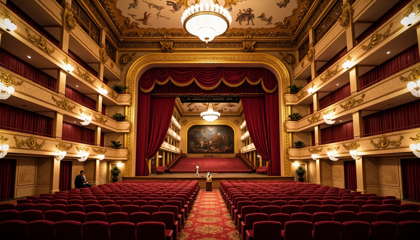 Prompt: Grand opera house, ornate details, rich velvet curtains, gilded moldings, marble columns, intricate frescoes, crystal chandeliers, luxurious red carpets, golden balconies, neoclassical arches, symmetrical composition, dramatic spotlights, warm soft lighting, shallow depth of field, 1/1 composition, realistic textures, ambient occlusion.