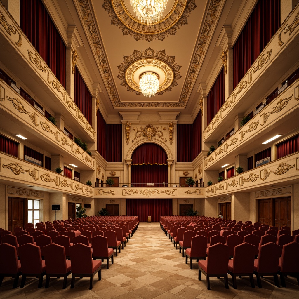 Prompt: Grand concert hall, ornate details, rich velvet curtains, polished marble floors, intricate moldings, gilded accents, luxurious chandeliers, soft warm lighting, shallow depth of field, 3/4 composition, panoramic view, realistic textures, ambient occlusion, neoclassical architecture, symmetrical facades, Corinthian columns, ornate balconies, rusticated bases, smooth limestone walls, decorative friezes, carved wooden panels, intricate plasterwork, opulent furnishings, lavish upholstery, regal red velvet, golden hardware, crystal chandeliers.