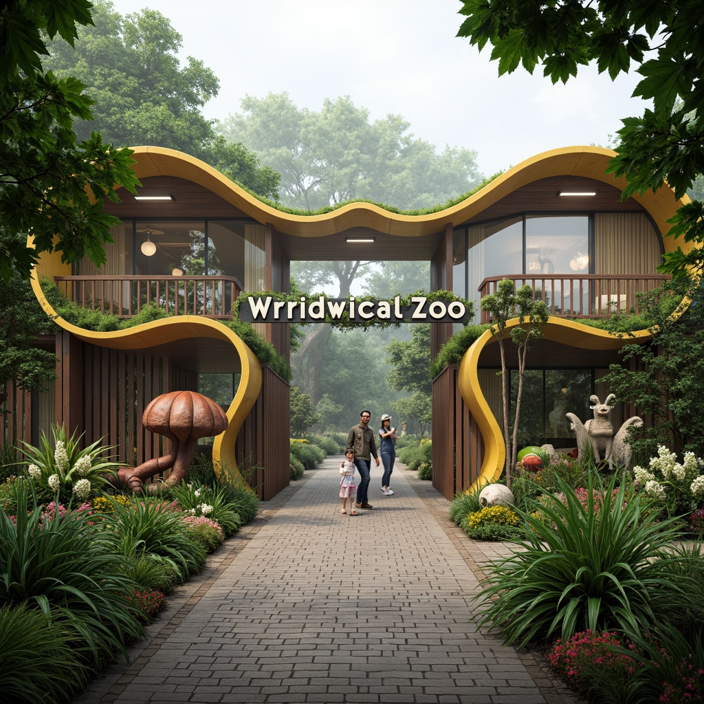 Prompt: Whimsical zoo entrance, undulating organic forms, vibrant green roofs, wavy wooden structures, natural stone walls, playful animal sculptures, meandering pathways, lush tropical plants, exotic flowers, misty atmosphere, soft warm lighting, shallow depth of field, 1/1 composition, panoramic view, realistic textures, ambient occlusion, futuristic biomimicry elements, curved lines, irregular shapes, earthy color palette, natural ventilation systems, eco-friendly materials, innovative water features.