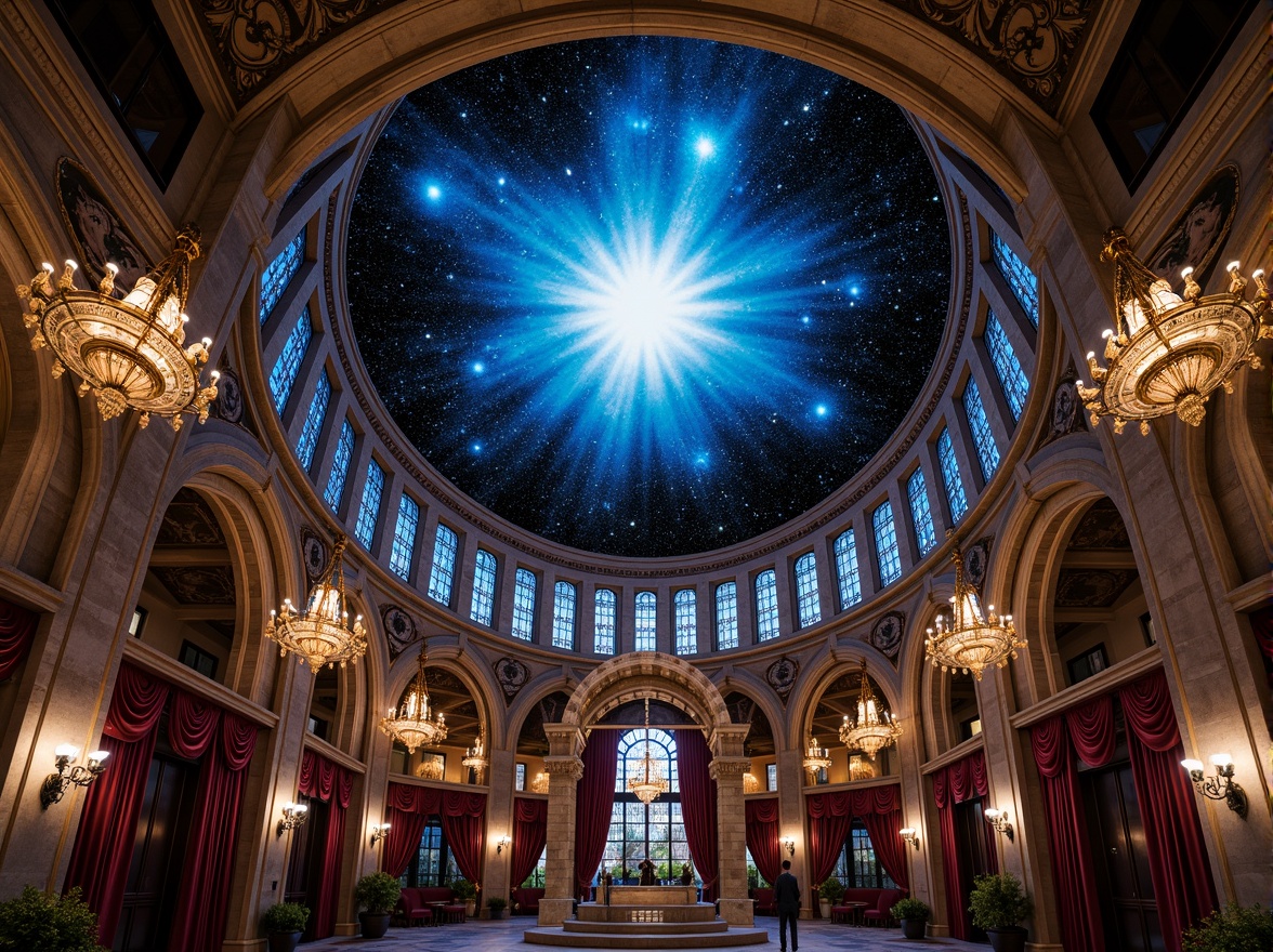 Prompt: Celestial planetarium dome, intricate gothic arches, ornate stone carvings, stained glass windows, vibrant astronomical patterns, starry night sky, majestic vaulted ceilings, grandiose chandeliers, luxurious velvet drapes, mystical ambiance, soft ethereal lighting, dramatic shadows, 1/1 composition, symmetrical framing, realistic textures, ambient occlusion, innovative roofing systems, solar panels integration, green roofs, eco-friendly materials, futuristic architectural details.