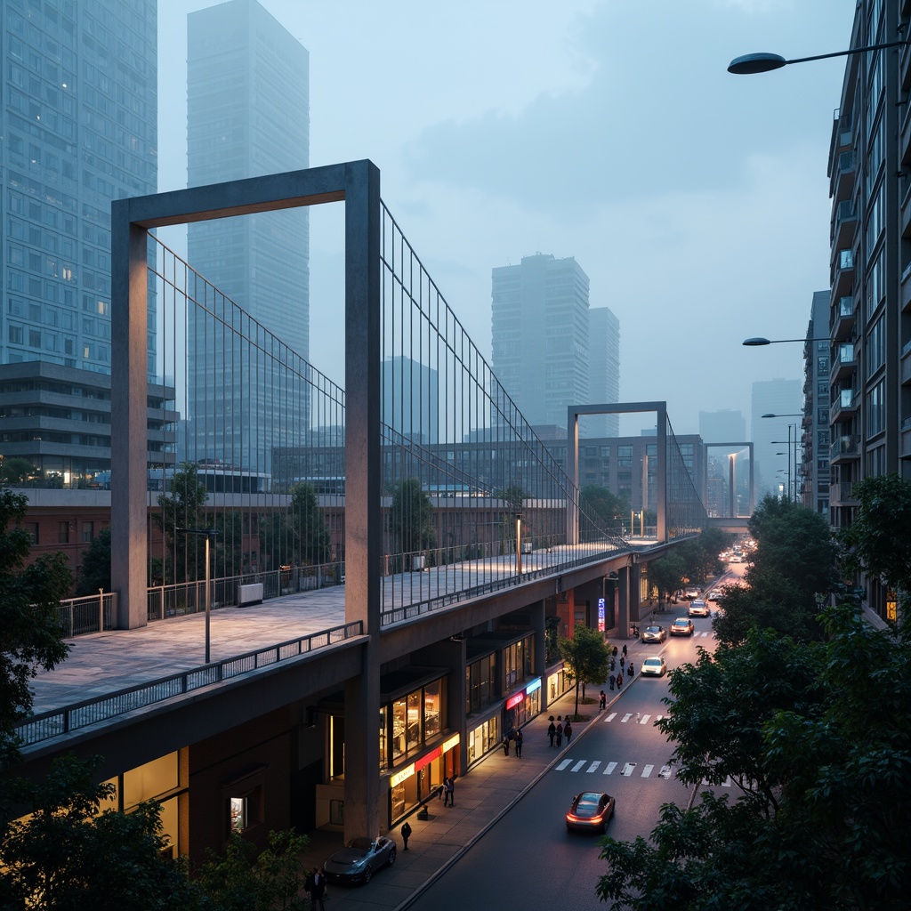 Prompt: Sleek pedestrian bridge, modernist architecture, minimalist design, clean lines, geometric shapes, steel beams, cable-stayed structure, suspension system, cantilevered sections, asymmetrical composition, urban landscape, city skyline, busy streets, vibrant streetlights, misty evening atmosphere, soft warm lighting, shallow depth of field, 1/2 composition, low-angle shot, realistic textures, ambient occlusion.