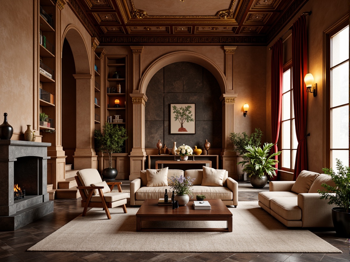 Prompt: Renaissance-style apartments, warm earthy tones, rich wood accents, ornate furnishings, luxurious fabrics, velvet drapes, golden lighting fixtures, intricate moldings, high ceilings, large windows, natural stone floors, elegant archways, sophisticated color scheme, muted reds, deep blues, soft yellows, creamy whites, subtle texture overlays, realistic material reflections, warm ambient lighting, shallow depth of field, 1/1 composition, detailed architectural elements.