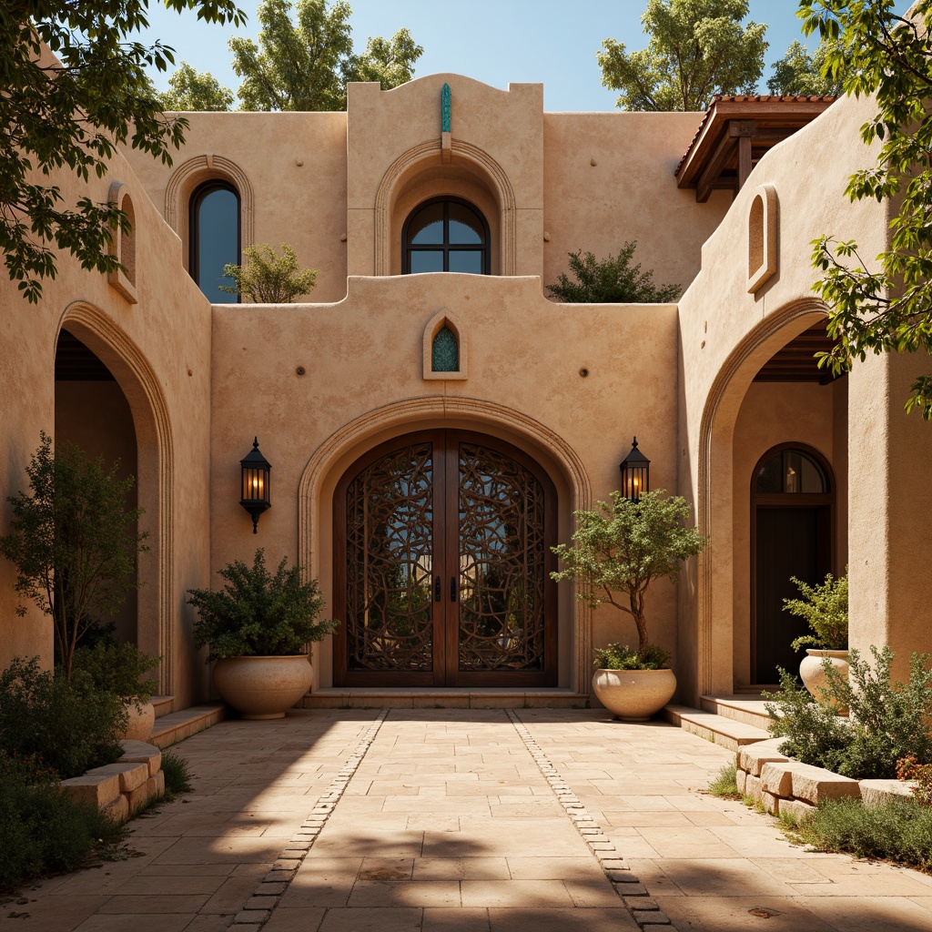 Prompt: Majestic desert villa, gothic architecture, warm beige stone walls, intricately carved arches, ornate ironwork, grandiose entrance gates, mystical lanterns, vibrant turquoise accents, earthy terracotta roofs, rustic wooden doors, mysterious alcoves, dramatic shadows, warm golden lighting, cinematic composition, atmospheric perspective, realistic rock textures, ambient occlusion.