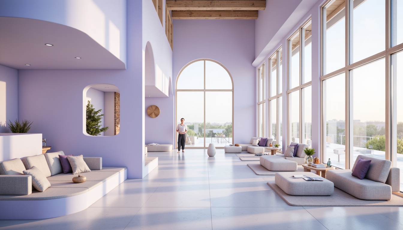 Prompt: Soft lavender blue hues, calming atmosphere, serene architectural design, gentle curves, rounded edges, soothing color scheme, pastel shades, creamy whites, warm beige accents, natural stone textures, wooden elements, minimalist decor, cozy reading nooks, floor-to-ceiling windows, abundant natural light, softbox lighting, shallow depth of field, 1/1 composition, intimate scale, peaceful ambiance, subtle gradient effects.