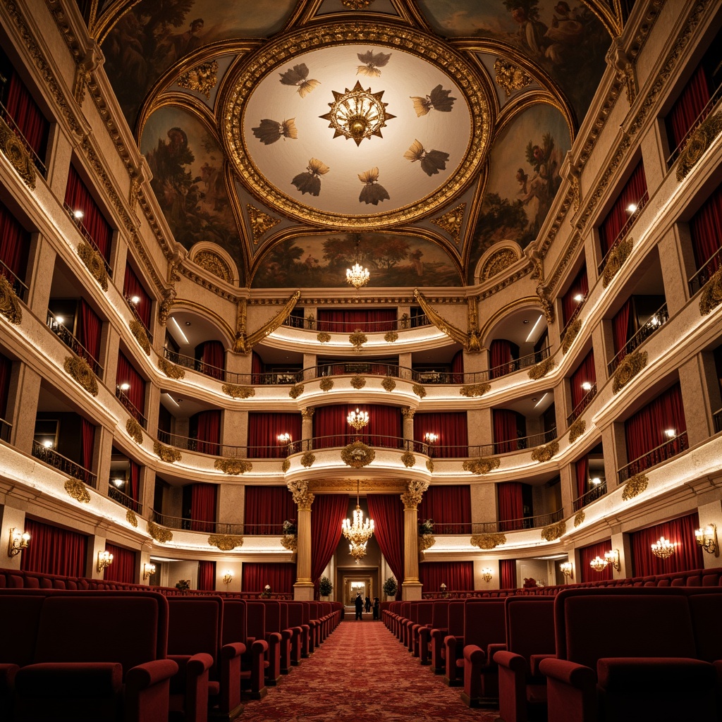 Prompt: Grand opera house, ornate details, rich velvet curtains, gilded moldings, marble columns, intricate frescoes, crystal chandeliers, luxurious red carpets, golden balconies, neoclassical arches, symmetrical composition, dramatic spotlights, warm soft lighting, shallow depth of field, 1/1 composition, realistic textures, ambient occlusion.