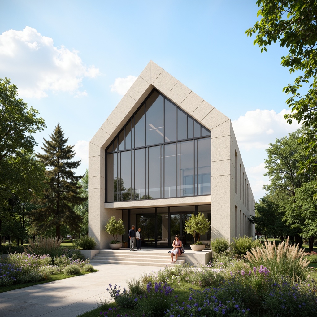 Prompt: Minimalist church facade, clean lines, rectangular forms, large glass windows, steel frames, modern cross designs, subtle stone accents, neutral color palette, natural light illumination, shallow depth of field, 3/4 composition, panoramic view, realistic textures, ambient occlusion, serene atmosphere, peaceful surroundings, lush greenery, blooming flowers, sunny day, soft warm lighting.