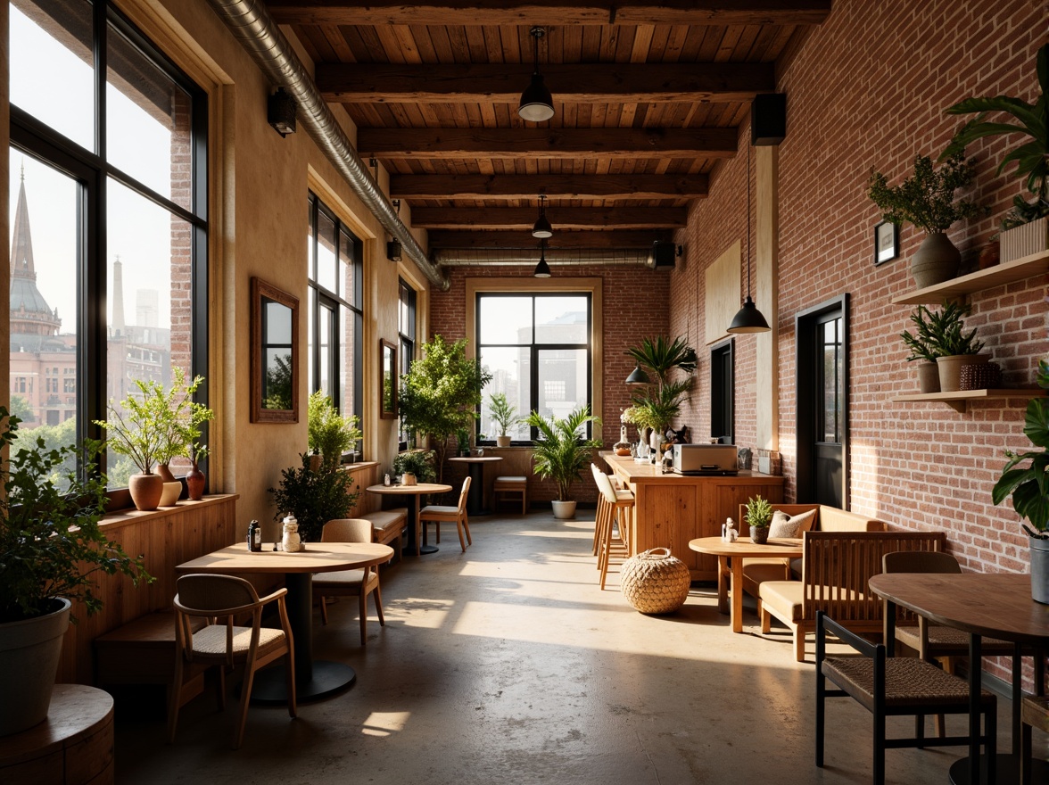 Prompt: Cozy coffee shop, warm earthy tones, rich wood accents, vintage industrial decor, exposed brick walls, comfortable seating areas, aromatic coffee scents, soft golden lighting, creamy whites, deep browns, rustic reds, natural textiles, woven baskets, reclaimed wood furniture, modern minimalist fixtures, urban loft atmosphere, morning sunlight, shallow depth of field, 1/1 composition, realistic textures, ambient occlusion.