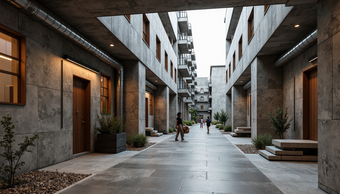 Prompt: Rustic constructivist building, exposed concrete walls, rough-hewn stone textures, metallic accents, industrial pipes, reclaimed wood planks, distressed finishes, brutalist architecture, urban cityscape, overcast skies, dramatic shadows, high-contrast lighting, 1/1 composition, symmetrical framing, abstract geometric patterns, weathered steel beams, poured concrete floors, minimalist decor, functional design elements.