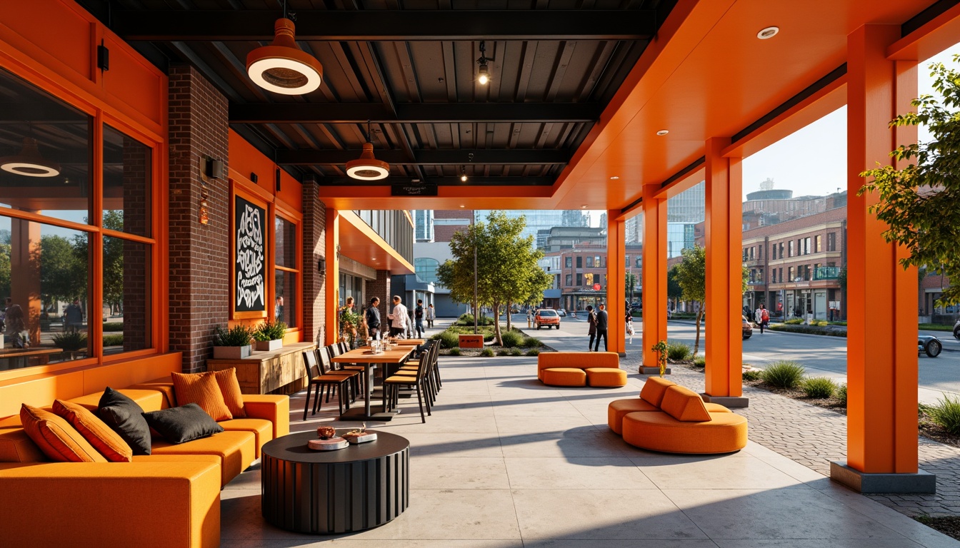 Prompt: Vibrant tangerine hues, modern architectural design, bold color blocking, warm inviting atmosphere, sleek metal accents, glass fa\u00e7ades, urban cityscape, bustling streets, trendy cafes, eclectic street art, graffiti murals, industrial chic interiors, exposed brick walls, polished concrete floors, minimalist decor, statement furniture pieces, energetic lighting fixtures, dynamic shadows, 1/1 composition, high contrast ratio, cinematic color grading.