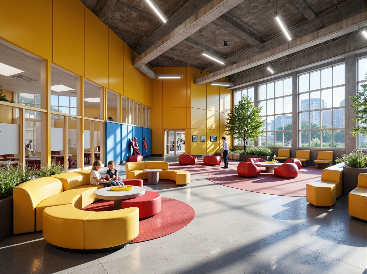 Prompt: Vibrant elementary school, constructivist architecture, open spaces, minimalist design, bold color schemes, geometric shapes, industrial materials, exposed ductwork, polished concrete floors, natural light, floor-to-ceiling windows, collaborative learning areas, flexible seating arrangements, interactive whiteboards, educational displays, playful sculptures, urban landscape views, sunny day, soft warm lighting, shallow depth of field, 3/4 composition, panoramic view, realistic textures, ambient occlusion.