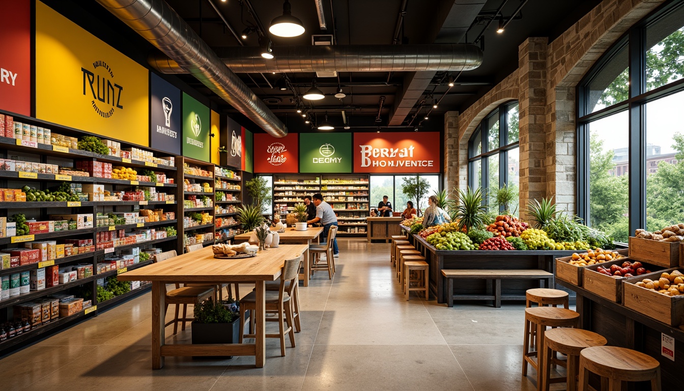 Prompt: Vibrant grocery store interior, bold color scheme, bright signage, fresh produce displays, wooden crates, metal shelves, modern lighting fixtures, polished concrete floors, natural stone walls, eclectic decorative accents, lively atmosphere, warm inviting ambiance, shallow depth of field, 1/1 composition, realistic textures, ambient occlusion.