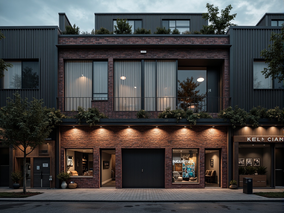 Prompt: Rustic warehouse facade, exposed brick walls, metal cladding, industrial windows, corrugated roofing, urban landscape, gritty cityscape, converted loft spaces, reclaimed wood accents, distressed finishes, vintage signage, eclectic street art, moody atmospheric lighting, dramatic shadows, 1/2 composition, low-angle shot, cinematic mood, realistic textures, ambient occlusion.