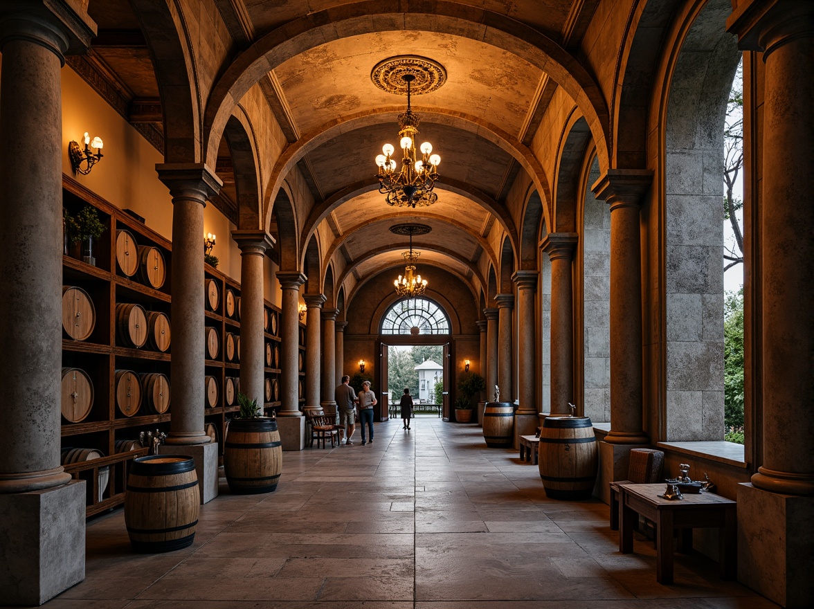 Prompt: Ornate winery columns, Baroque-style architecture, rustic stone walls, curved archways, grand chandeliers, lavish furnishings, rich wood accents, ornamental metalwork, intricate carvings, vintage wine barrels, dim warm lighting, soft focus, shallow depth of field, 1/2 composition, symmetrical framing, realistic textures, ambient occlusion.