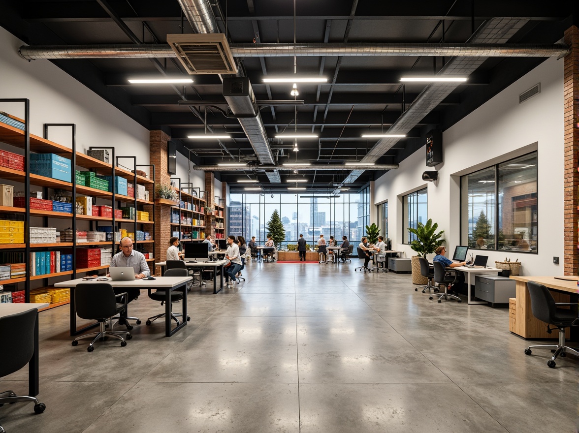 Prompt: Modern distribution center interior, industrial chic aesthetic, exposed ductwork, polished concrete floors, sleek metal shelving, vibrant color-coded storage bins, ergonomic workstations, minimalist desks, adjustable task lighting, open-concept collaboration areas, acoustic paneling, natural stone accents, reclaimed wood features, energy-efficient LED lighting, 3/4 composition, shallow depth of field, realistic textures, ambient occlusion.