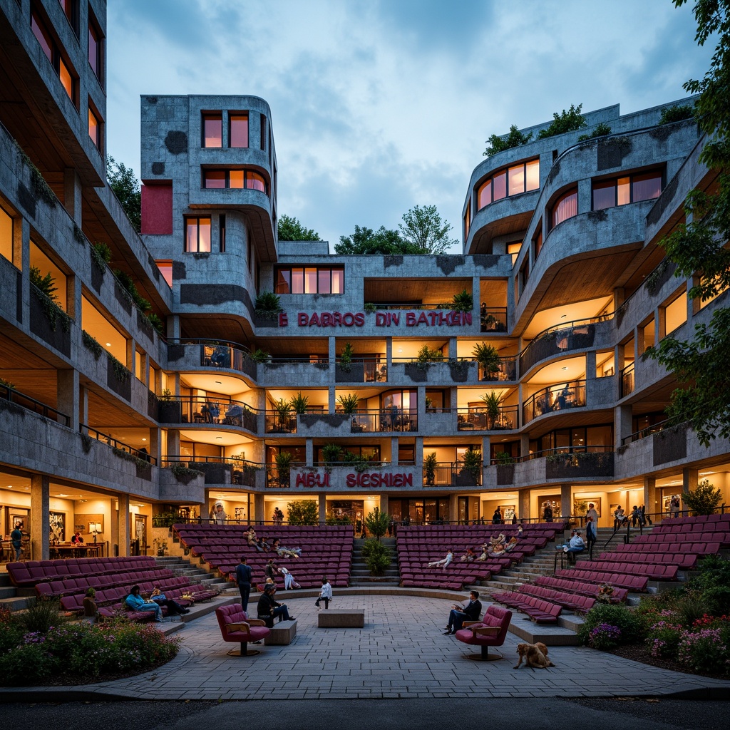 Prompt: Amphitheater seating arrangement, postmodernist architecture, fragmented forms, irregular shapes, bold color schemes, eclectic mix of materials, distressed concrete, reclaimed wood, industrial metal accents, vibrant graffiti, abstract sculptures, dynamic lighting installations, tiered seating, curved rows, asymmetrical layout, dramatic shadows, warm ambient glow, shallow depth of field, 1/2 composition, cinematic view, realistic textures, subtle atmospheric effects.