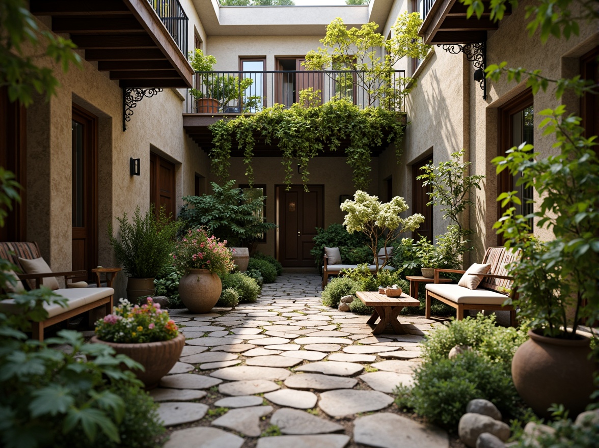 Prompt: Whimsical apartment courtyard, lush greenery, blooming flowers, meandering stone pathways, ornate iron railings, soft warm lighting, cozy seating areas, vintage garden benches, distressed wooden planters, overflowing flowerpots, delicate water features, small-scale sculptures, intimate ambiance, warm color palette, rustic stone walls, climbing vines, fragrant herbs, serene atmosphere, shallow depth of field, 1/1 composition, romantic warm tones, realistic textures, ambient occlusion.