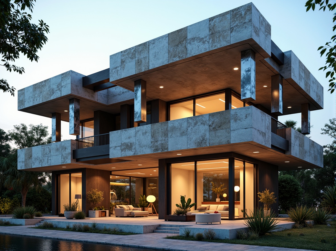 Prompt: Deconstructed villa facade, fragmented forms, irregular shapes, bold cantilevers, dynamic volumes, contrasting materials, rough concrete textures, smooth glass surfaces, metallic accents, abstract patterns, vibrant color blocking, dramatic shadows, warm ambient lighting, shallow depth of field, 1/1 composition, close-up shot, realistic renderings, atmospheric effects.