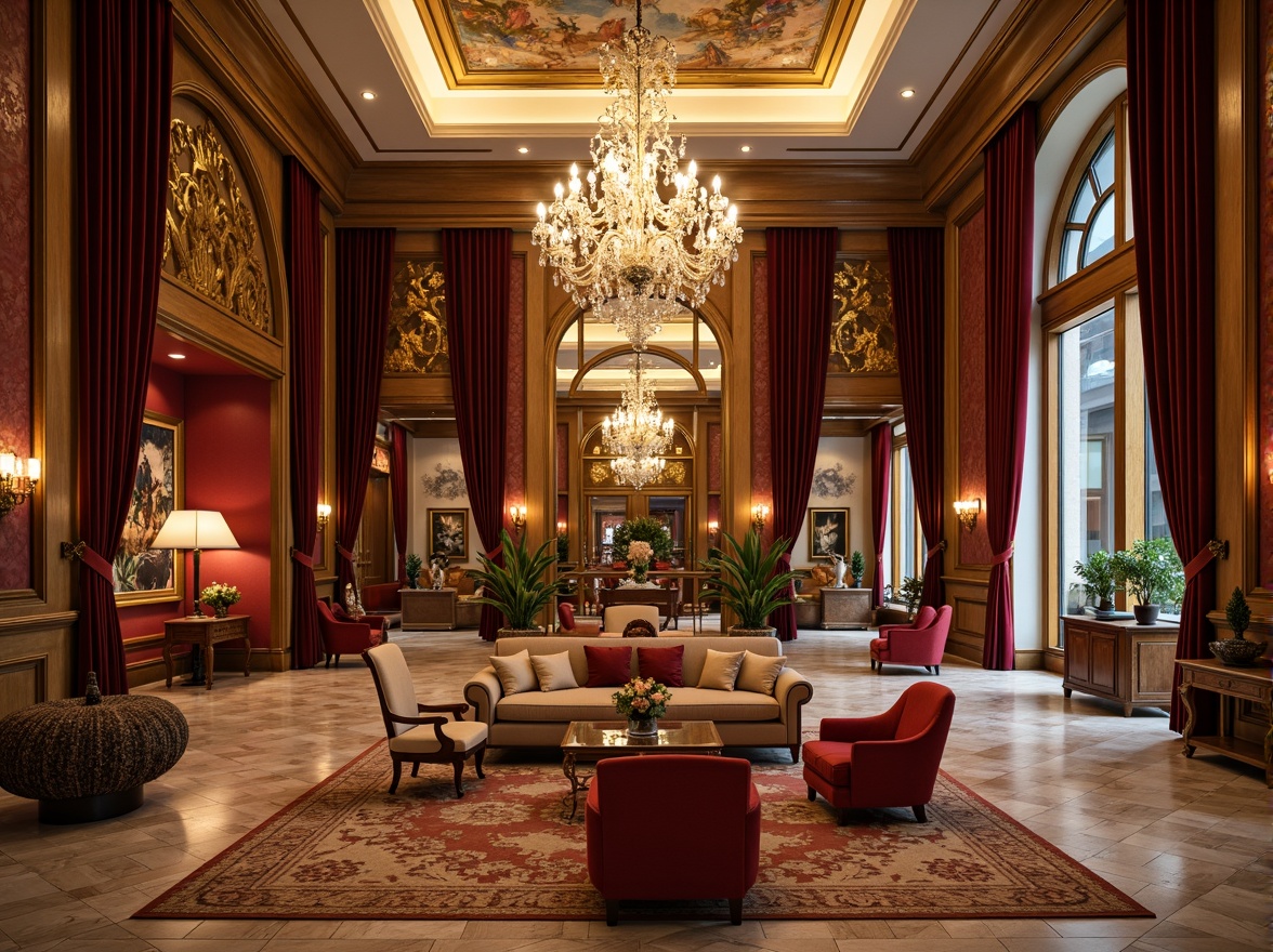 Prompt: Luxurious hotel lobby, grand chandelier, ornate furnishings, rich velvet drapes, intricately carved wooden panels, gilded mirrors, marble floors, ornamental columns, lavish frescoes, Baroque-inspired architecture, opulent textiles, regal color palette, warm golden lighting, shallow depth of field, 1/1 composition, realistic textures, ambient occlusion.