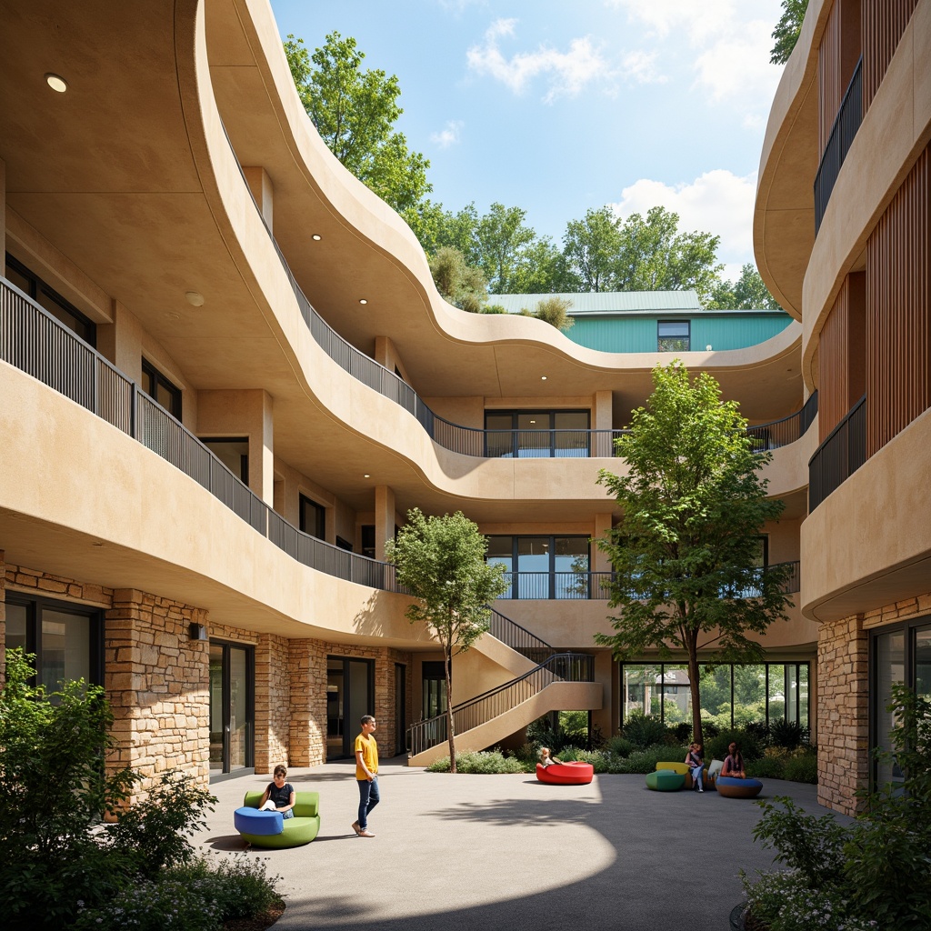 Prompt: Undulating school buildings, flowing curves, organic shapes, vibrant colors, playful patterns, natural stone walls, wooden accents, green roofs, curved staircases, winding corridors, open classrooms, collaborative learning spaces, flexible seating arrangements, abundant natural light, soft warm lighting, shallow depth of field, 3/4 composition, panoramic view, realistic textures, ambient occlusion.