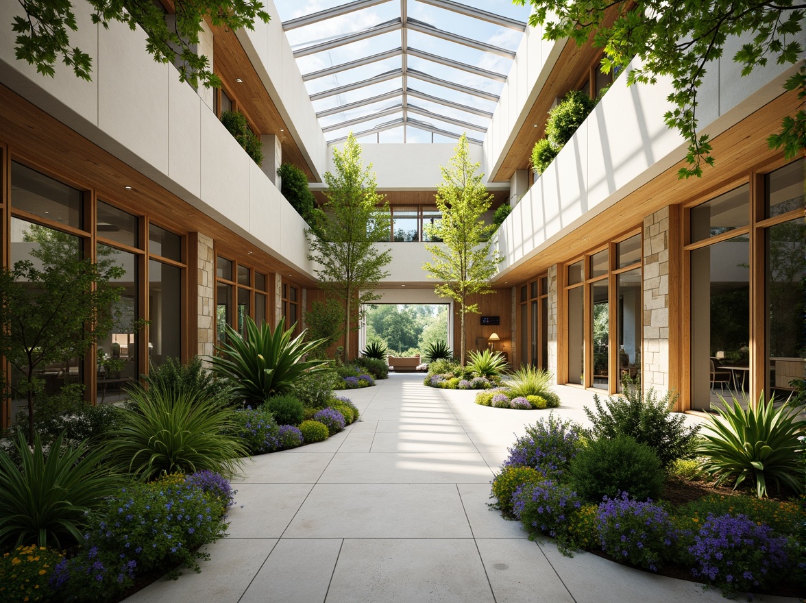 Prompt: Vibrant atrium, lush greenery, natural stone walls, wooden accents, floor-to-ceiling windows, clerestory windows, skylights, solar tubes, reflective surfaces, minimalist decor, open floor plan, airy atmosphere, warm sunny day, soft diffused lighting, shallow depth of field, 1/1 composition, panoramic view, realistic textures, ambient occlusion.