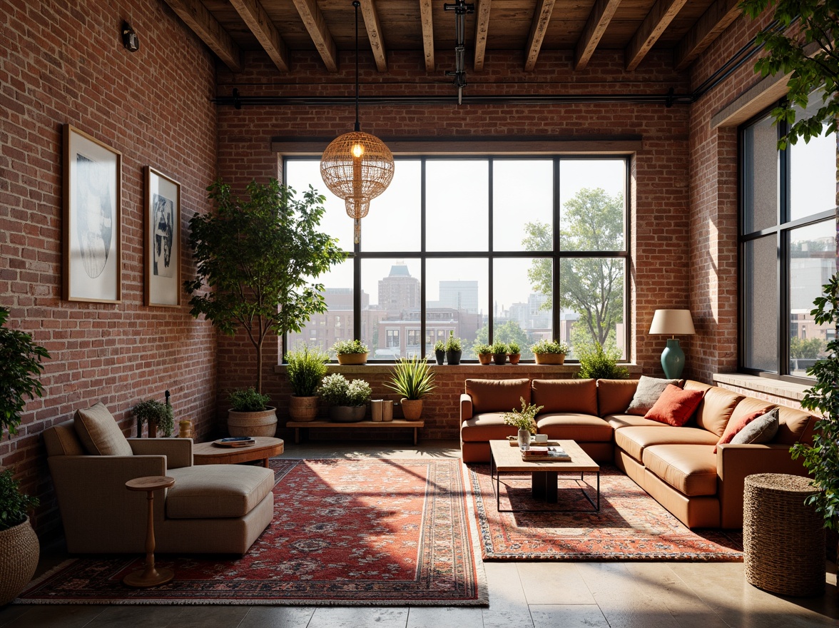 Prompt: Exposed brick walls, reclaimed wood accents, industrial metal beams, urban cityscape views, cozy reading nooks, plush area rugs, vibrant colorful textiles, intricate geometric patterns, Moroccan-inspired tiles, natural fiber upholstery, woven basket lighting fixtures, eclectic art pieces, minimalist decor, abundant natural light, soft warm ambiance, shallow depth of field, 3/4 composition, panoramic view, realistic textures, ambient occlusion.