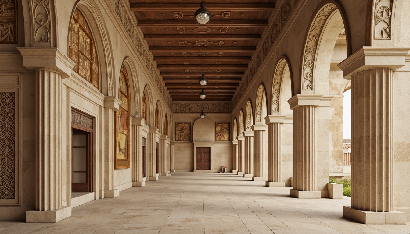 Prompt: Ornate columns, carved stone capitals, grand archways, symmetrical facades, ornamental moldings, intricate carvings, classical pediments, rusticated bases, fluted pilasters, egg-and-dart motifs, acanthus leaf patterns, subtle color palette, warm beige tones, soft golden lighting, shallow depth of field, 1/1 composition, realistic textures, ambient occlusion.