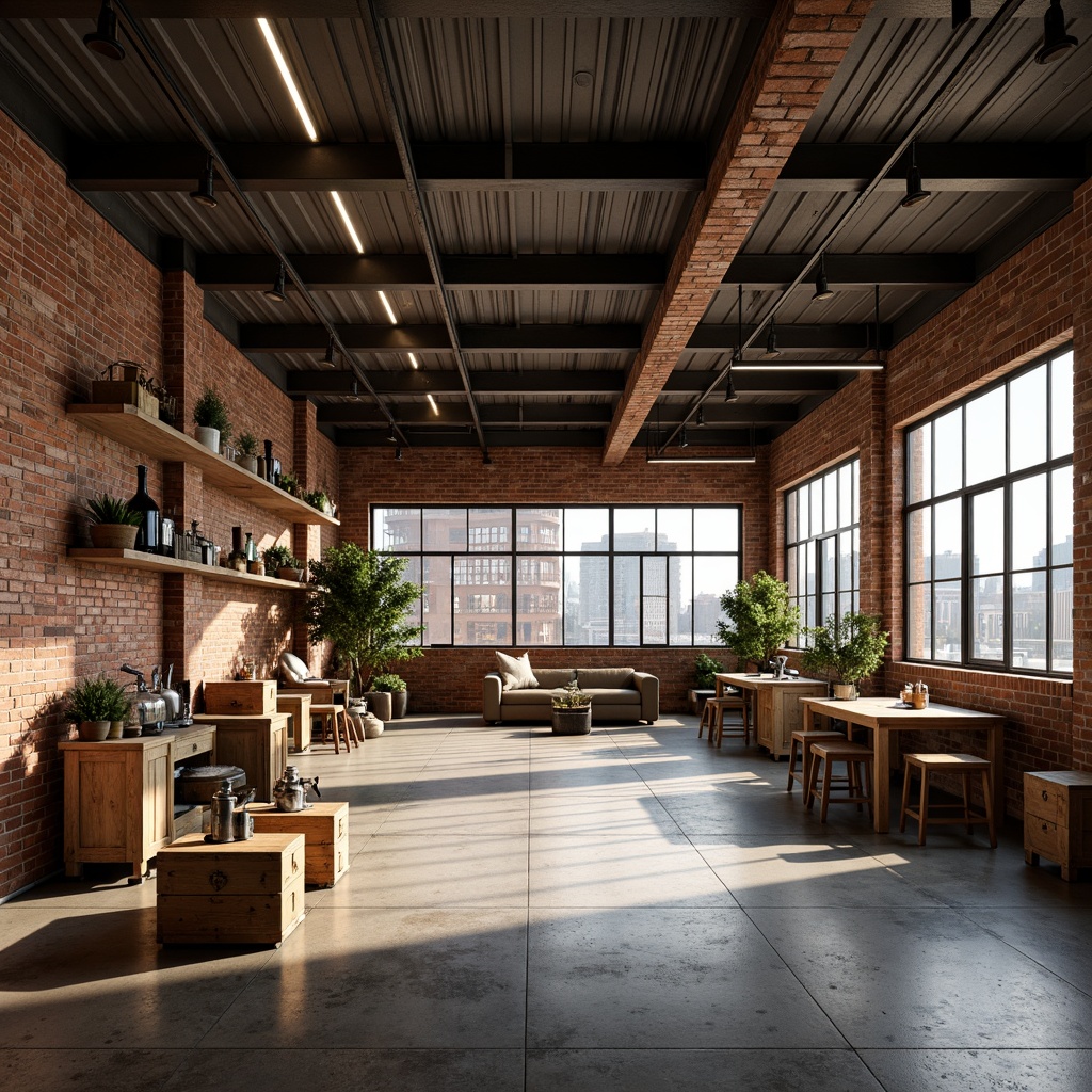 Prompt: Rustic warehouse, exposed brick walls, metal beams, wooden crates, industrial lighting, concrete floors, steel frames, corrugated metal roofs, reclaimed wood accents, earthy color palette, natural textures, urban landscape, cityscape views, functional design, open spaces, minimal ornamentation, raw finishes, distressed materials, vintage machinery, eclectic decor, warm atmospheric lighting, shallow depth of field, 1/1 composition, realistic renderings.