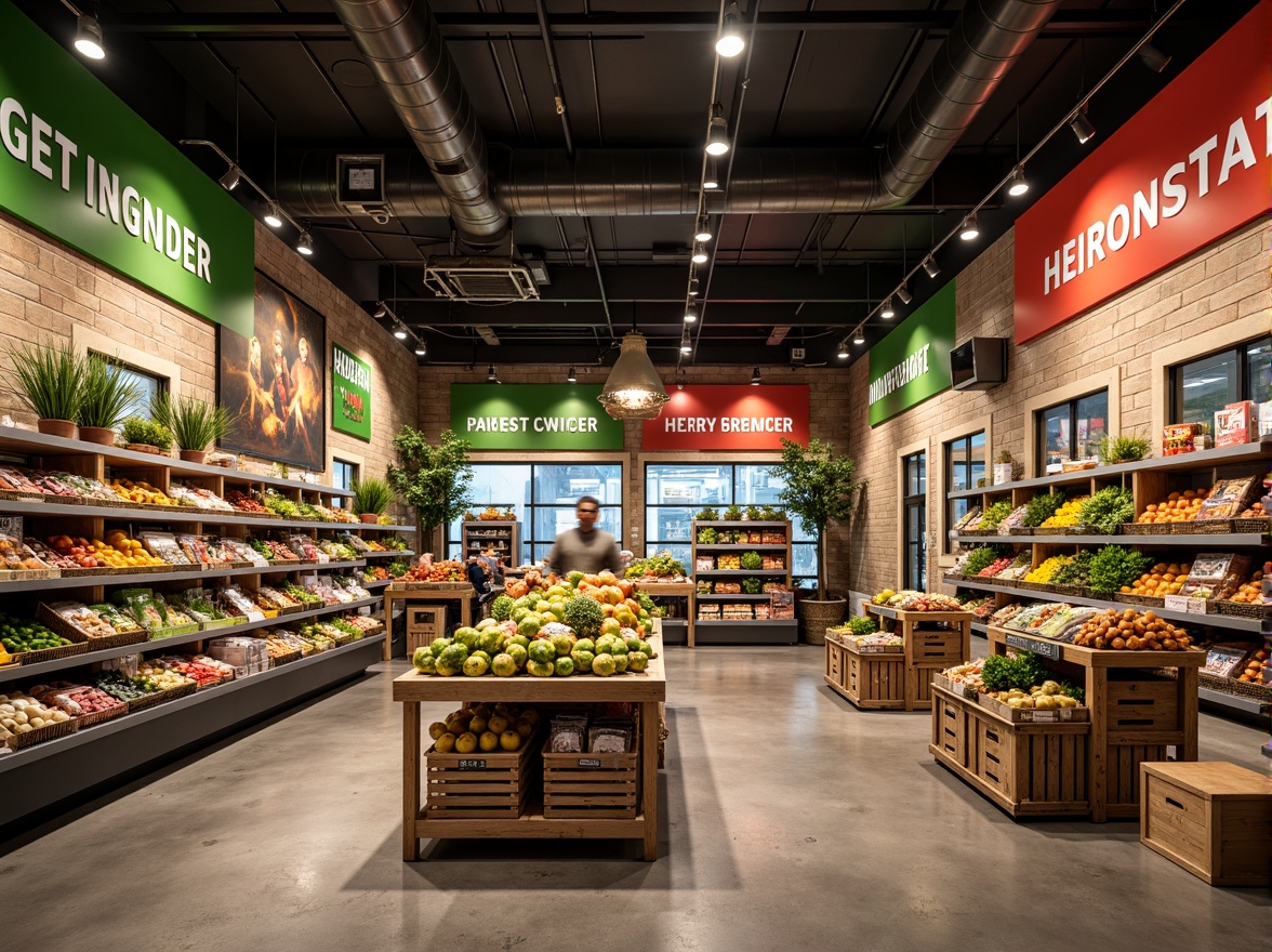 Prompt: Vibrant grocery store interior, bold color scheme, bright signage, fresh produce displays, wooden crates, metal shelves, modern lighting fixtures, polished concrete floors, natural stone walls, eclectic decorative accents, lively atmosphere, warm inviting ambiance, shallow depth of field, 1/1 composition, realistic textures, ambient occlusion.