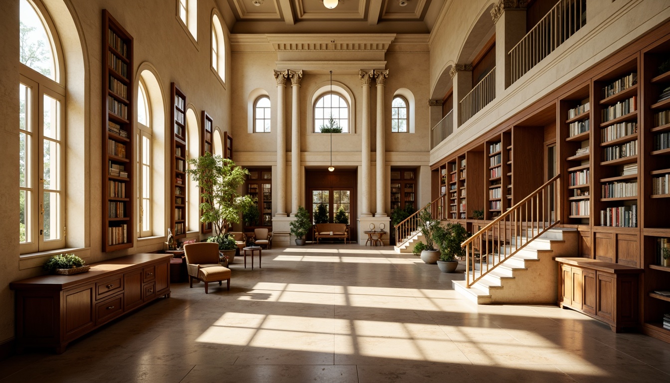 Prompt: Elegant research center, neoclassical architecture, cream-colored stone facades, ornate columns, grand entrance halls, sweeping staircases, rich wood paneling, leather-bound tomes, vintage scientific instruments, warm golden lighting, soft focus, shallow depth of field, 2/3 composition, symmetrical framing, realistic textures, subtle ambient occlusion.