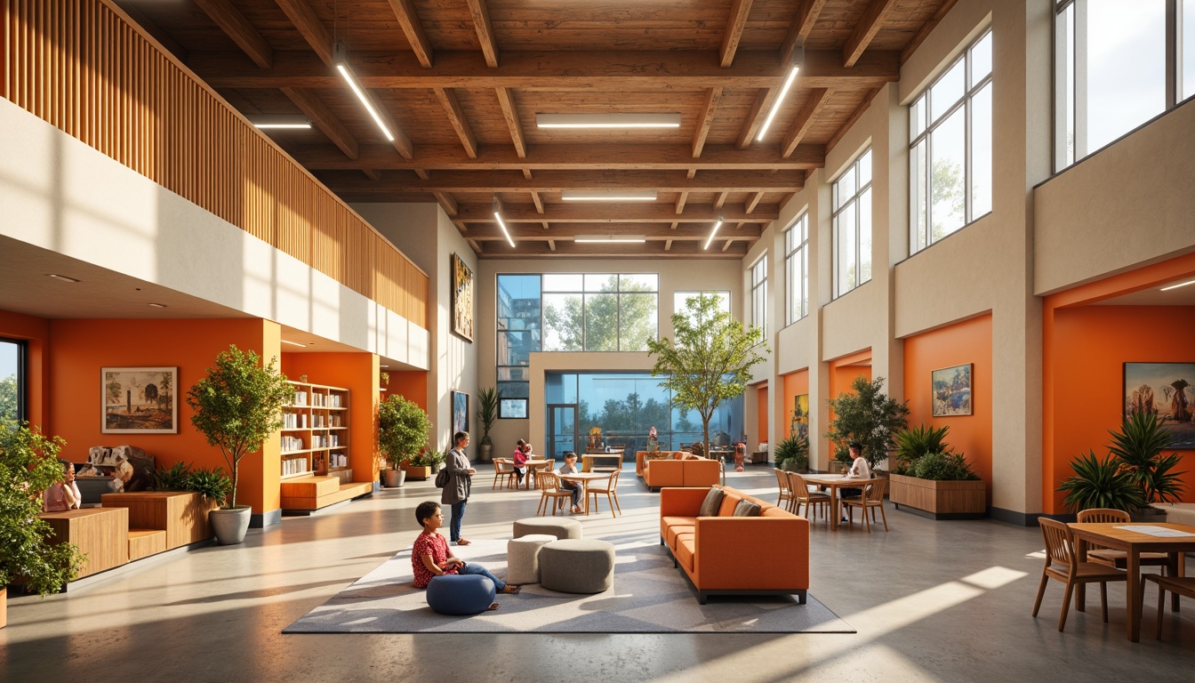 Prompt: Vibrant community center, warm beige walls, rich wood accents, energetic orange furniture, calming blue tones, natural light pouring in, open spaces, modern architecture, sleek lines, minimalist decor, playful kid's areas, cozy reading nooks, collaborative workspaces, diverse cultural patterns, inclusive atmosphere, soft warm lighting, shallow depth of field, 3/4 composition, realistic textures, ambient occlusion.