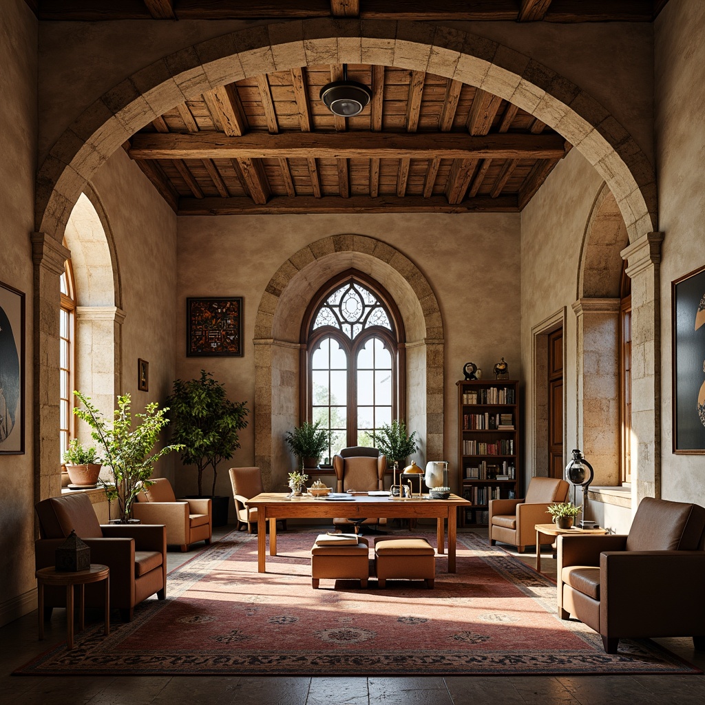 Prompt: Rustic office interior, Romanesque arches, stone columns, ornate carvings, warm beige tones, rich wood accents, leather-bound tomes, vintage metal lanterns, stained glass windows, natural light pouring in, soft warm lighting, shallow depth of field, 3/4 composition, symmetrical framing, earthy color palette, textured stonework, intricate moldings, classic furniture pieces, plush area rugs, elegant conference tables.