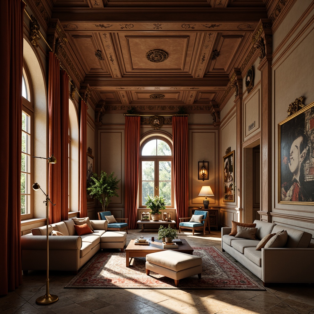 Prompt: Renaissance-style apartments, warm earthy tones, rich wood accents, ornate furnishings, luxurious fabrics, velvet drapes, golden lighting fixtures, intricate moldings, high ceilings, large windows, natural stone floors, elegant archways, sophisticated color scheme, muted reds, deep blues, soft yellows, creamy whites, subtle texture overlays, realistic material reflections, warm ambient lighting, shallow depth of field, 1/1 composition, detailed architectural elements.