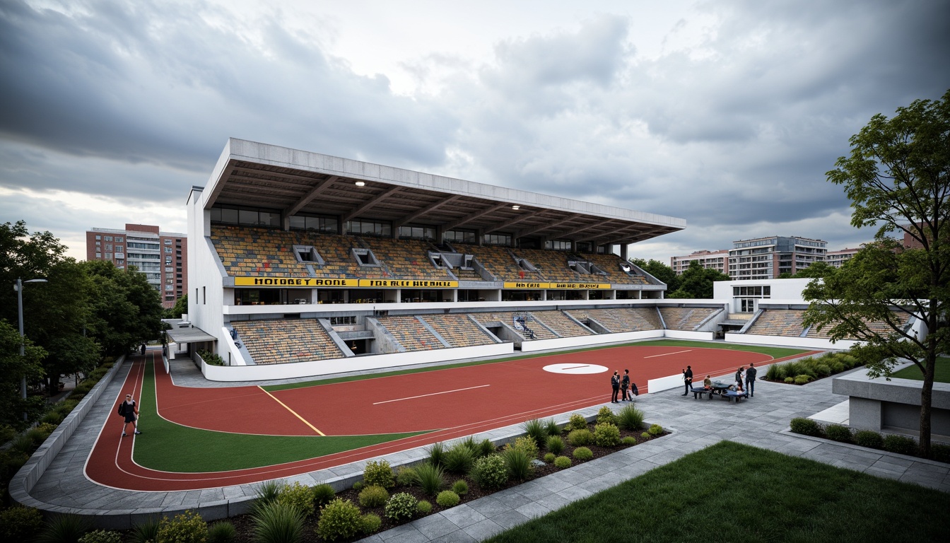 Prompt: Functional stadium layout, asymmetrical fa\u00e7ade, rectangular shapes, industrial materials, exposed ductwork, minimalist aesthetics, open circulation spaces, cantilevered roofs, geometric patterns, bold color schemes, athletic track, football field, spectator seating, modernist architecture, urban landscape, cloudy sky, dramatic lighting, high contrast, 1/2 composition, wide-angle lens, realistic textures, ambient occlusion.