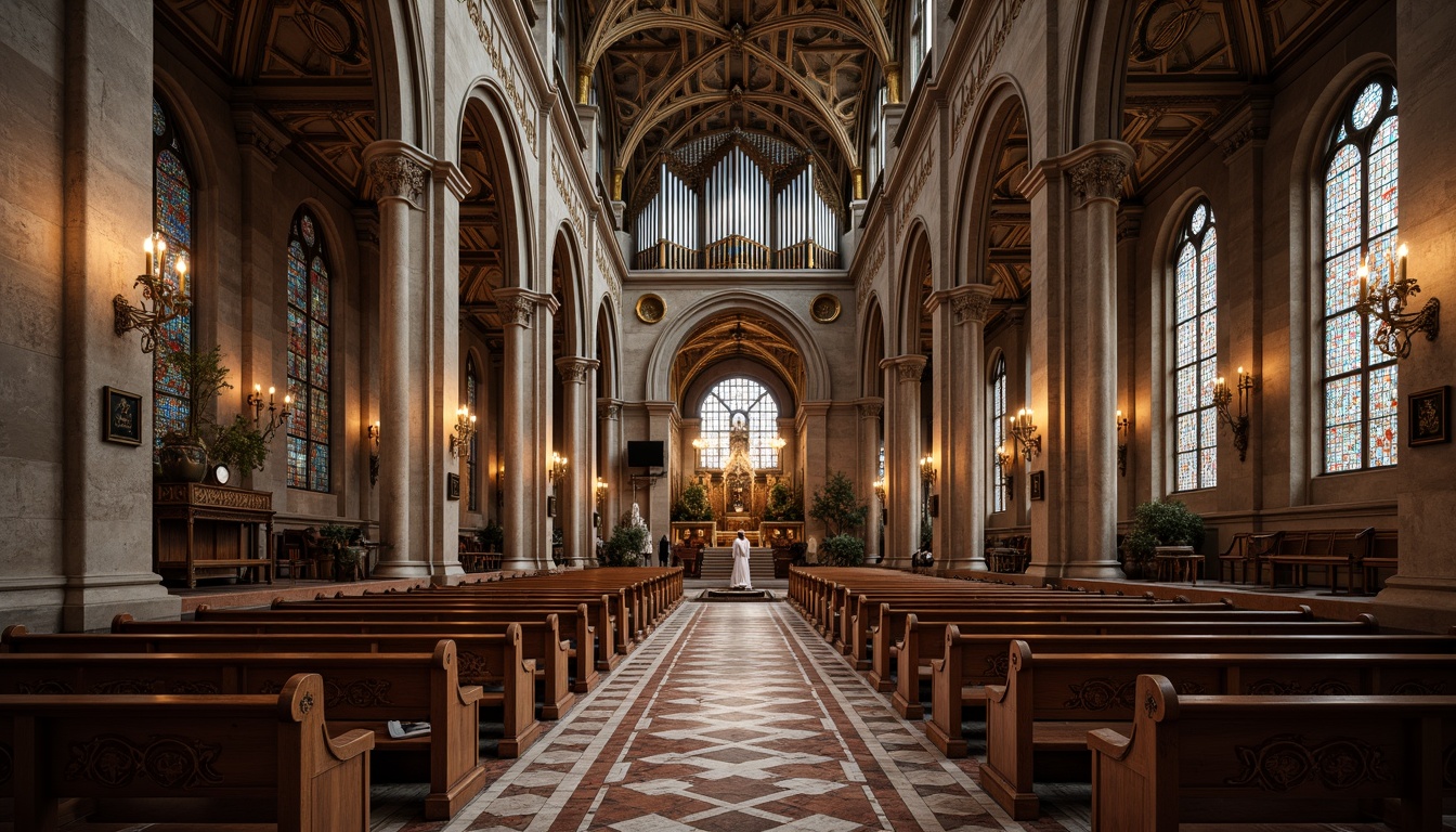 Prompt: Intricate stone carvings, ornate wooden pews, stained glass windows, grandiose vaulted ceilings, ribbed arches, Gothic-inspired columns, lavish frescoes, ornamental metalwork, intricate mosaics, subtle warm lighting, soft focus, shallow depth of field, 1/2 composition, symmetrical framing, richly patterned textiles, luxurious velvet drapes, polished marble floors, ornate golden accents, mystical ambiance, serene atmosphere.