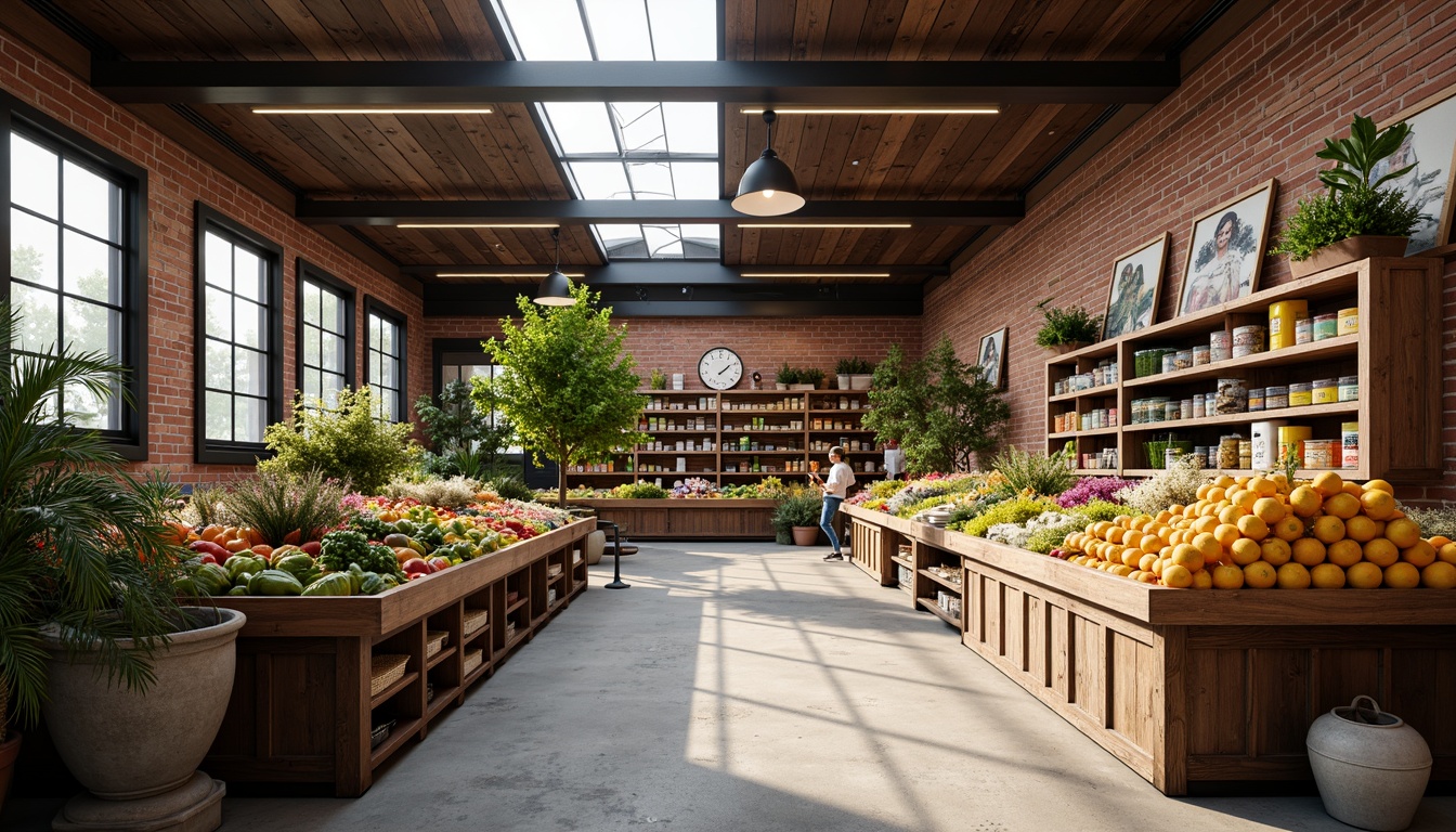 Prompt: Vibrant grocery store interior, eclectic style, natural lighting, large skylights, wooden accents, exposed brick walls, industrial metal beams, colorful product displays, fresh produce stands, artisanal food sections, distressed wood shelves, vintage decorative items, warm earthy tones, soft diffused light, shallow depth of field, 1/1 composition, realistic textures, ambient occlusion.