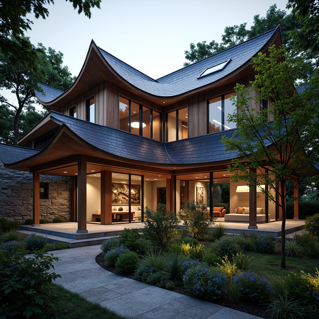 Prompt: Traditional Japanese tiles, curved rooflines, modern minimalist design, sleek metal accents, natural wood beams, exposed rafters, skylights, clerestory windows, rustic stone walls, lush greenery, overhanging eaves, subtle lighting, warm ambient glow, shallow depth of field, 1/1 composition, realistic textures, ambient occlusion.