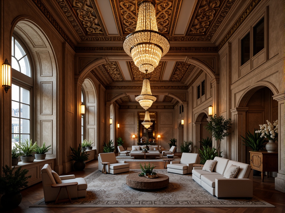 Prompt: Renaissance-style apartments, ornate ceiling decorations, intricate moldings, luxurious chandeliers, crystal droplets, golden accents, rich wood tones, coffered ceilings, barrel vaults, decorative arches, soft warm lighting, ambient shadows, 3/4 composition, realistic textures, subtle color palette, elegant furnishings, refined interior design, sophisticated ambiance, upscale living spaces.