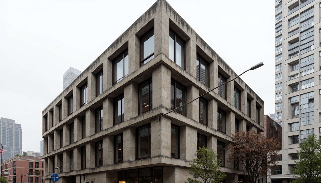 Prompt: Rugged brutalist building, rough-hewn concrete walls, weathered stone fa\u00e7ade, geometric patterns, fortress-like structure, dramatic cantilevered sections, industrial metal accents, raw unfinished surfaces, bold monumental scale, urban cityscape background, overcast sky, diffused natural light, high-contrast shadows, 1/2 composition, low-angle shot, gritty realistic textures, ambient occlusion.