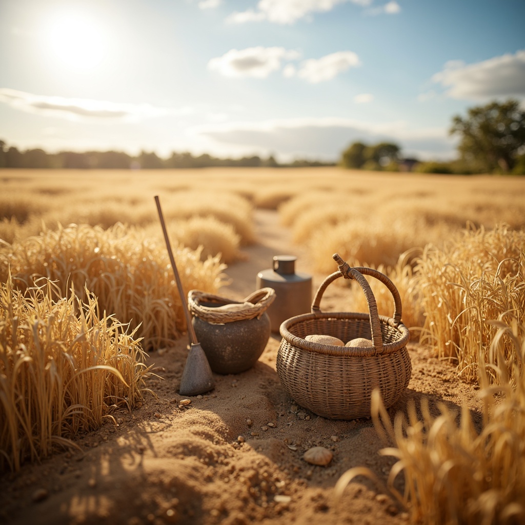 Prompt: Warm wheat fields, golden hues, soft beige tones, earthy brown undertones, rustic textures, natural fibers, woven baskets, vintage farm tools, sun-kissed landscape, clear blue sky, gentle breeze, warm sunlight, shallow depth of field, 1/1 composition, realistic rendering, ambient occlusion.