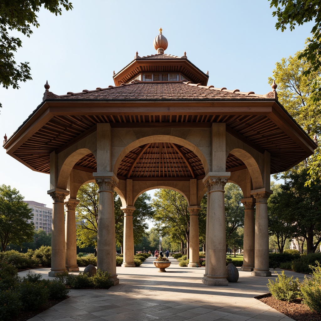 Prompt: Grand pavilion, Romanesque style, ornate roof tiles, curved arches, ribbed vaults, decorative finials, intricate stone carvings, rustic wooden beams, natural slate roofing, terra cotta accents, warm earthy tones, soft afternoon lighting, shallow depth of field, 1/2 composition, symmetrical framing, realistic textures, ambient occlusion.