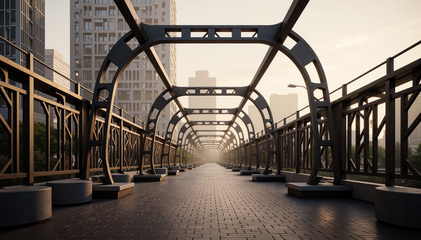 Prompt: Art Deco bridge, ornate metal railings, symmetrical arches, geometric patterns, chevron motifs, zigzag designs, metallic luster, urban cityscape, misty morning light, soft warm glow, shallow depth of field, 1/2 composition, realistic textures, ambient occlusion.