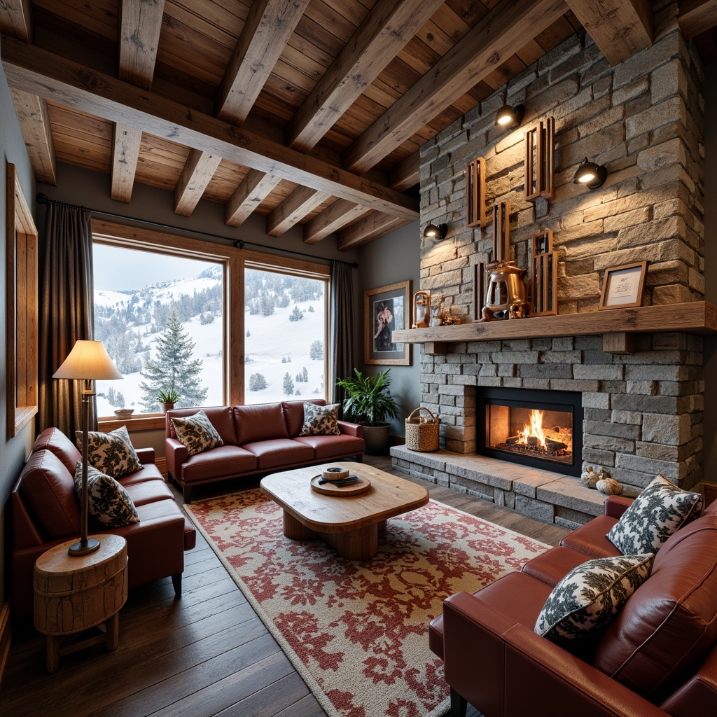 Prompt: Cozy ski lodge, rustic wooden accents, warm fireplace, plush furnishings, snowflake-patterned rugs, wooden ski racks, vintage ski equipment decor, large windows with snowy mountain views, natural stone walls, earthy color palette, soft warm lighting, shallow depth of field, 3/4 composition, panoramic view, realistic textures, ambient occlusion.