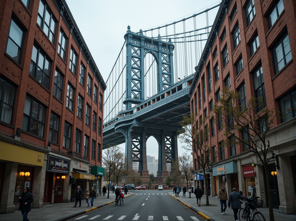 Prompt: Eclectic bridge architecture, curved lines, irregular shapes, mixed materials, steel beams, stone pillars, wooden decks, vibrant color schemes, ornate details, Gothic-inspired arches, Romanesque columns, Art Nouveau motifs, futuristic accents, dynamic lighting, misty atmosphere, urban cityscape, riverbank setting, pedestrian walkways, vehicle traffic flow, 1/2 composition, low-angle shot, dramatic shadows, realistic textures, ambient occlusion.