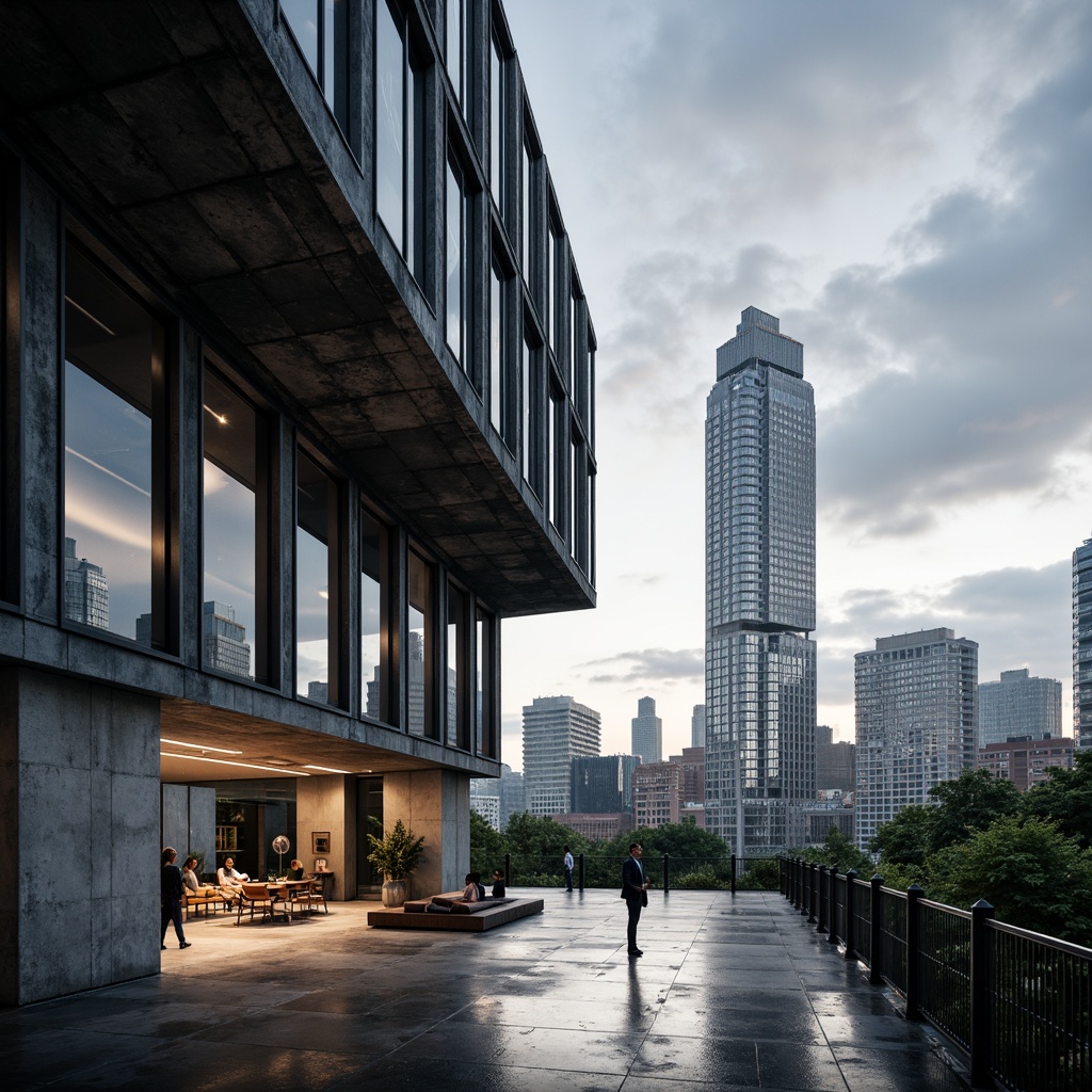 Prompt: Industrial steel-framed building, exposed metal beams, sleek modern architecture, urban cityscape, cloudy grey sky, dramatic lighting, deep shadows, bold geometric shapes, minimalist interior design, polished concrete floors, silver metallic accents, functional staircases, open-plan layout, floor-to-ceiling windows, panoramic city views, 1/1 composition, high-contrast lighting, realistic reflections.