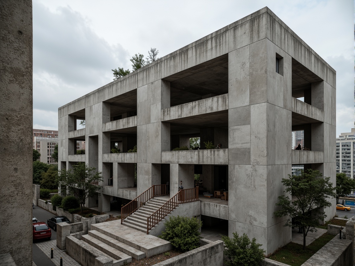 Prompt: Exposed concrete structures, rugged textures, fortress-like buildings, monumental scale, raw unfinished surfaces, bold geometric forms, dramatic cantilevers, chunky columns, brutalist fa\u00e7ades, industrial materials, weathered steel beams, rough-hewn stone walls, urban landscapes, overcast skies, high-contrast lighting, deep shadows, 1/2 composition, low-angle shots, gritty realistic textures, ambient occlusion.