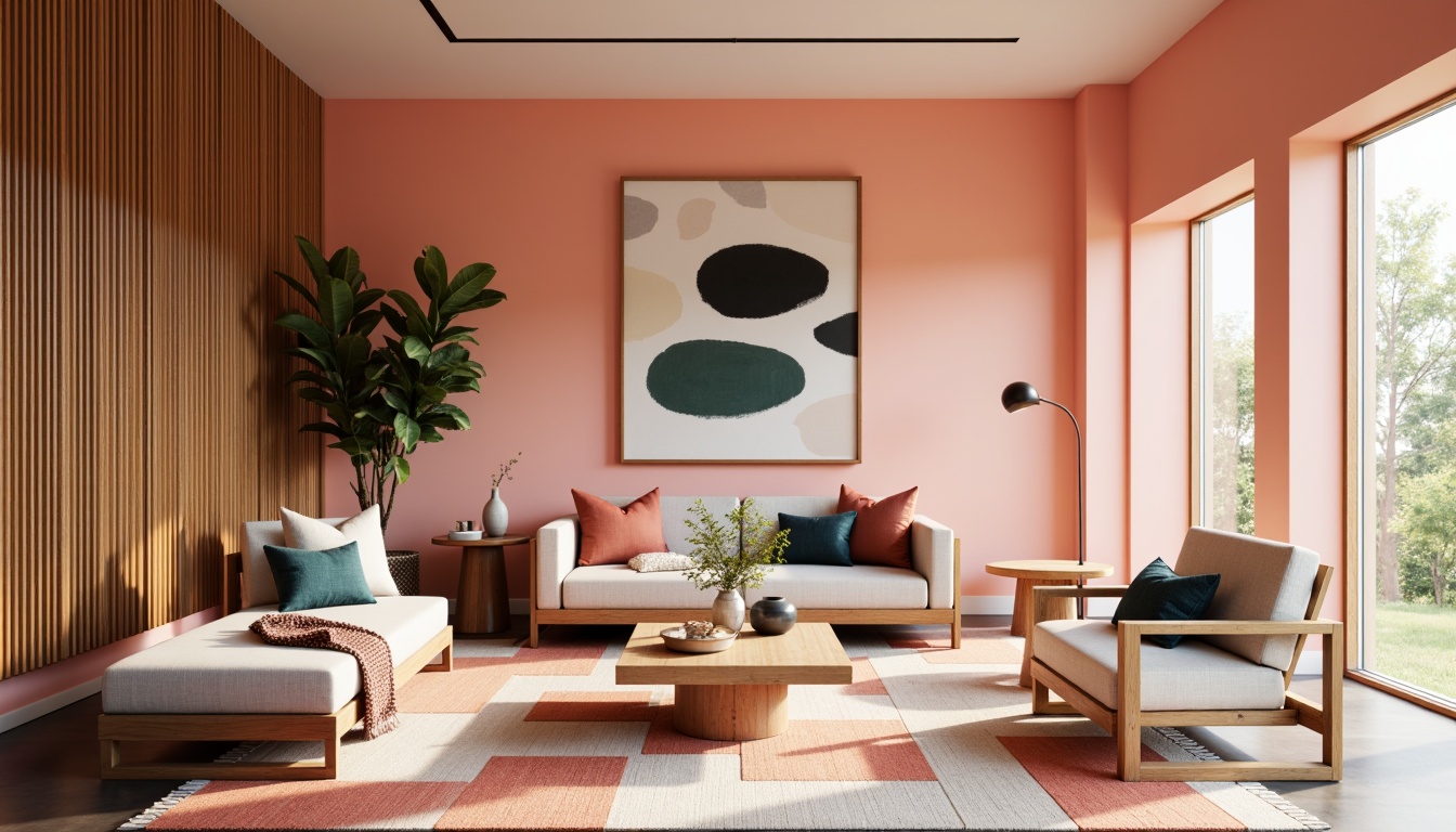 Prompt: Vibrant modern interior, bold color blocking, pastel hues, soft peach tones, rich charcoal accents, metallic silver highlights, natural wood textures, sleek minimalist furniture, geometric patterned rugs, abstract artwork, warm ambient lighting, shallow depth of field, 1/1 composition, realistic renderings, subtle gradient effects.