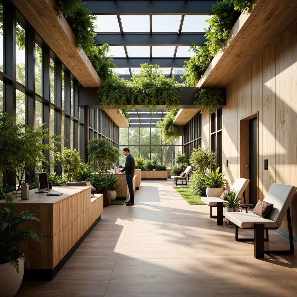 Prompt: Eco-friendly dental clinic, natural wood accents, recycled glass partitions, low-VOC paint, bamboo flooring, energy-efficient lighting, solar panels, green roofs, living walls, air-purifying plants, minimalist decor, calming color scheme, soft warm lighting, shallow depth of field, 3/4 composition, realistic textures, ambient occlusion, modern sleek furniture, ergonomic design, patient-centric layout, waiting area with comfortable seating, reception desk with natural stone countertop.