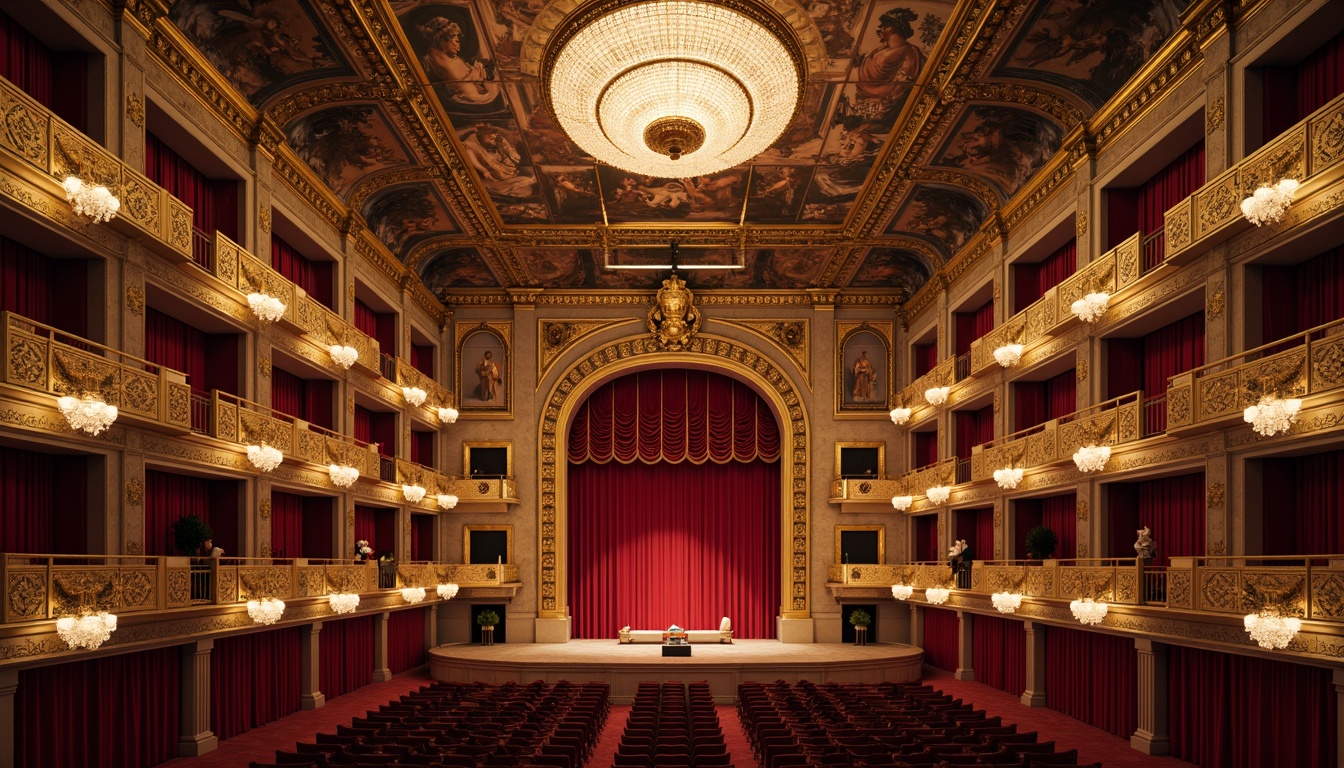 Prompt: Grand opera house, ornate details, rich velvet curtains, gilded moldings, marble columns, intricate frescoes, crystal chandeliers, luxurious red carpets, golden balconies, neoclassical arches, symmetrical composition, dramatic spotlights, warm soft lighting, shallow depth of field, 1/1 composition, realistic textures, ambient occlusion.