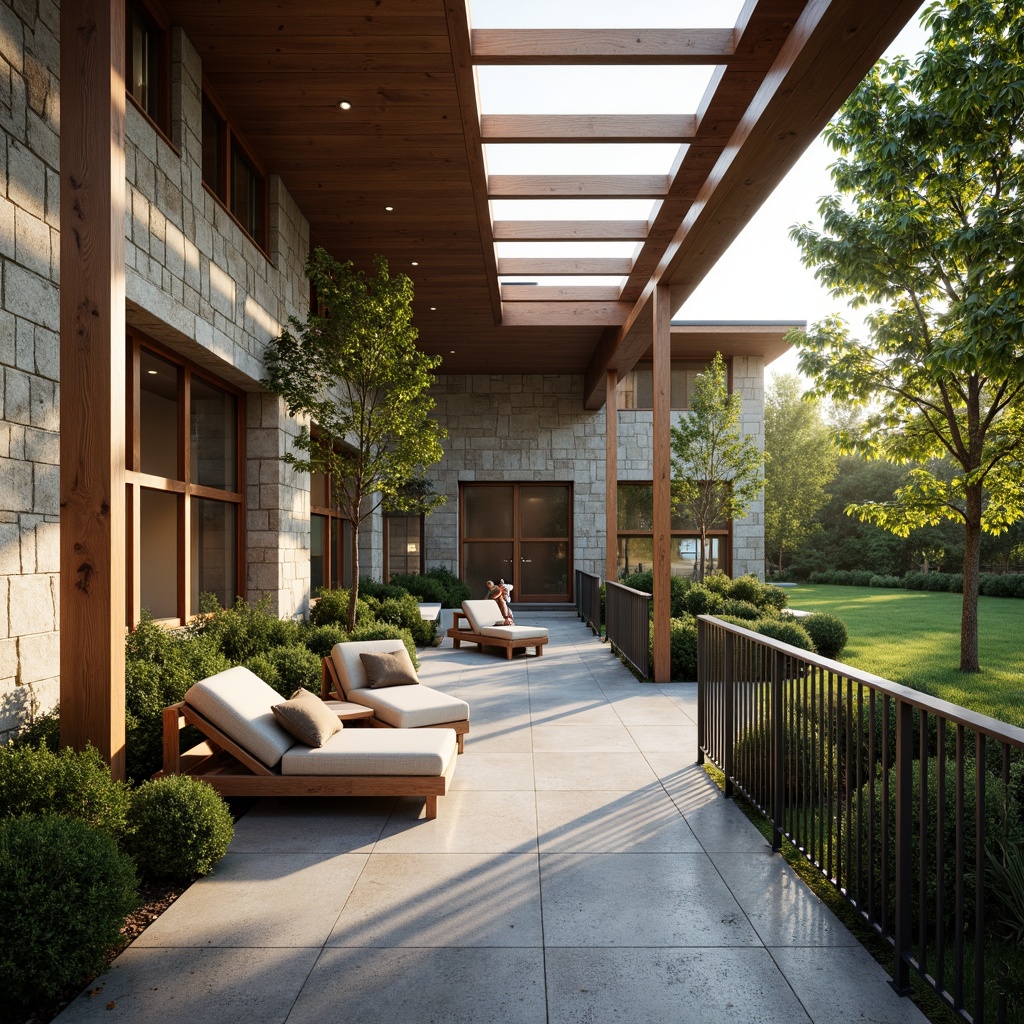 Prompt: Rustic stone walls, smooth wooden accents, rough-hewn granite floors, sleek metal railings, vibrant greenery, natural light pouring through clerestory windows, modern minimalist architecture, bold geometric shapes, contrasting textures, earthy color palette, warm ambient lighting, shallow depth of field, 1/1 composition, realistic render, atmospheric perspective.